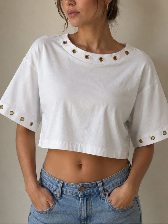 Zimmermann Tops - Zimmermann White Cropped Tee with Gold Grommet Trim